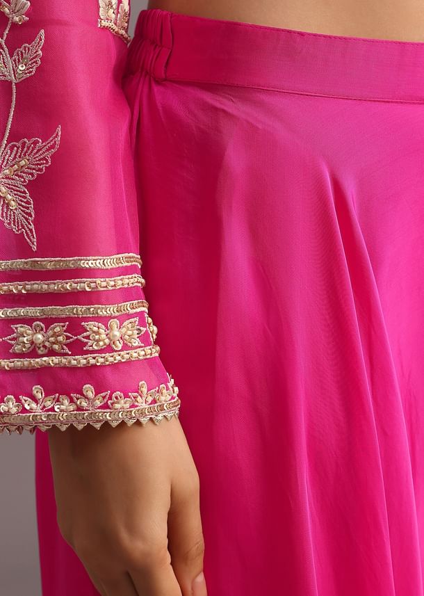 Pink Resham Work Kurti Palazzo Suit