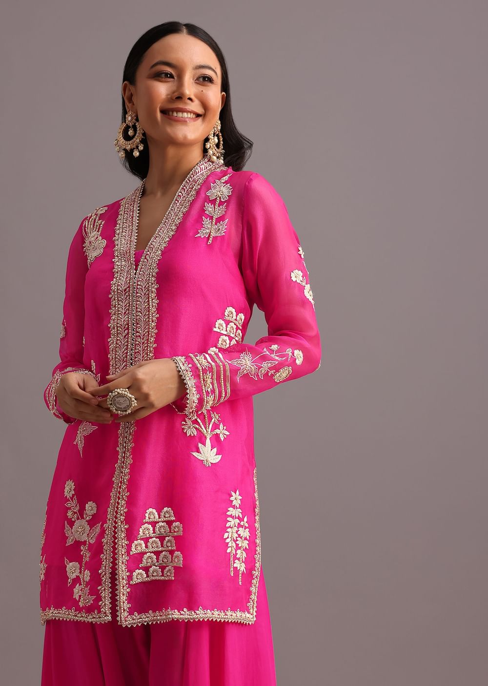 Pink Resham Work Kurti Palazzo Suit