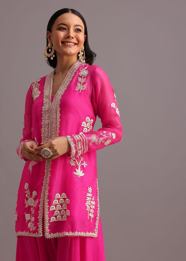 Pink Resham Work Kurti Palazzo Suit
