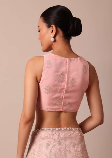 Pink Saree In Organza Silk With Chikankari Floral Work And Unstitched Blouse Fabric