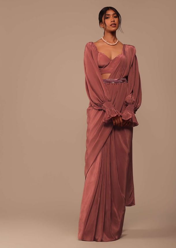 Pink Saree With Lantern Sleeved Blouse And Hand Worked Belt Pink Saree With Lantern Sleeved Blouse And Hand Worked Belt