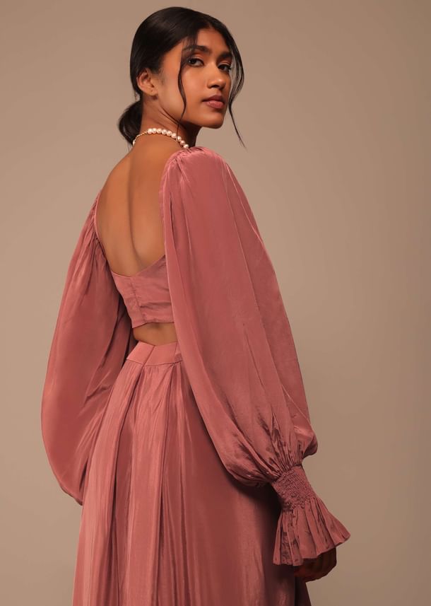 Pink Saree With Lantern Sleeved Blouse And Hand Worked Belt Pink Saree With Lantern Sleeved Blouse And Hand Worked Belt