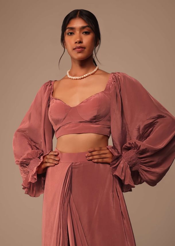 Pink Saree With Lantern Sleeved Blouse And Hand Worked Belt Pink Saree With Lantern Sleeved Blouse And Hand Worked Belt