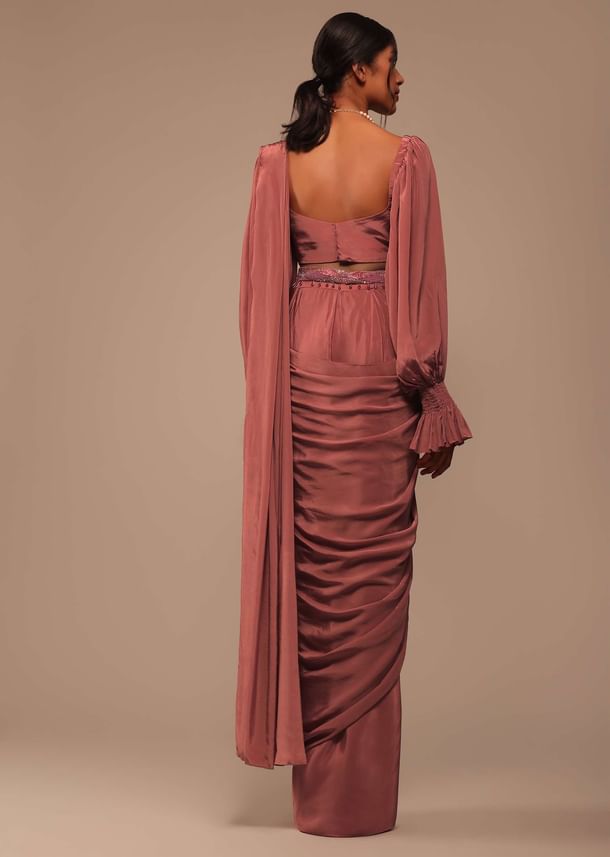 Pink Saree With Lantern Sleeved Blouse And Hand Worked Belt Pink Saree With Lantern Sleeved Blouse And Hand Worked Belt