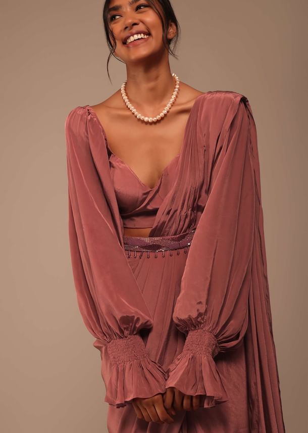 Pink Saree With Lantern Sleeved Blouse And Hand Worked Belt Pink Saree With Lantern Sleeved Blouse And Hand Worked Belt