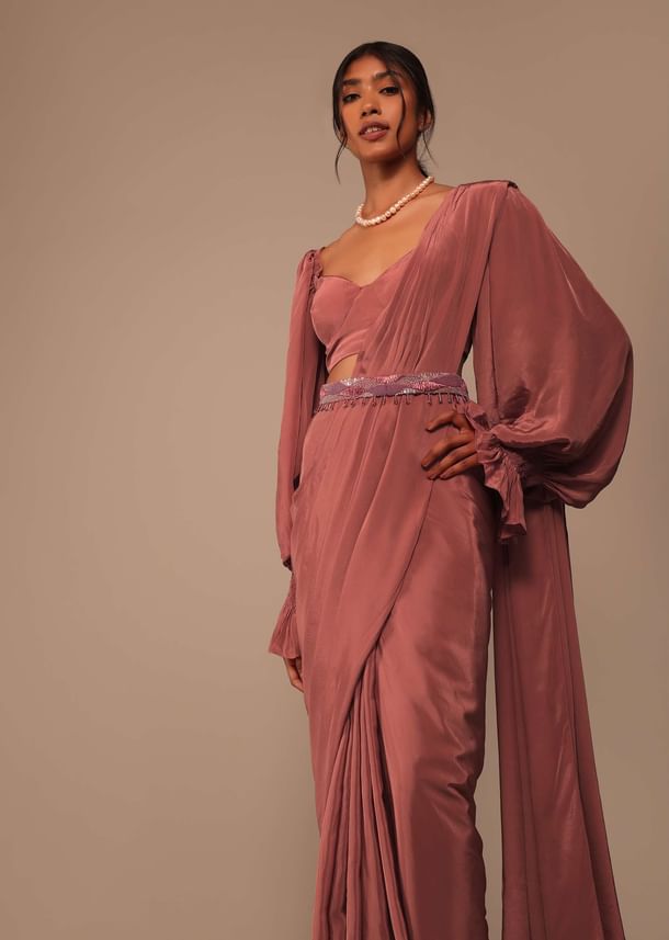 Pink Saree With Lantern Sleeved Blouse And Hand Worked Belt Pink Saree With Lantern Sleeved Blouse And Hand Worked Belt