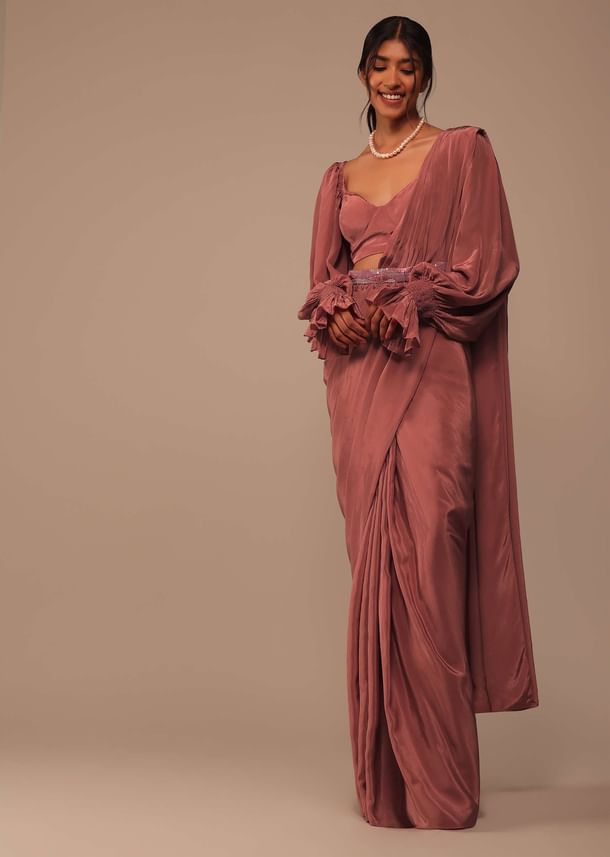 Pink Saree With Lantern Sleeved Blouse And Hand Worked Belt Pink Saree With Lantern Sleeved Blouse And Hand Worked Belt