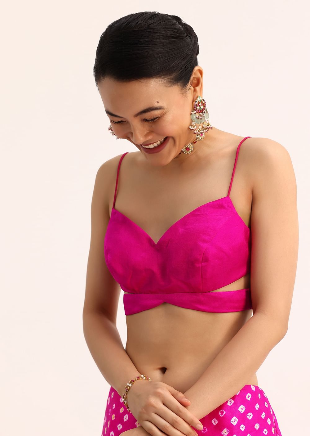 Pink Satin Bandhani Tie Dye Saree With Unstitched Blouse