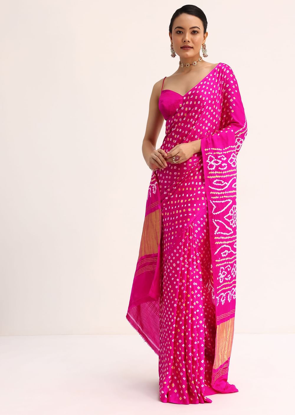 Pink Satin Bandhani Tie Dye Saree With Unstitched Blouse