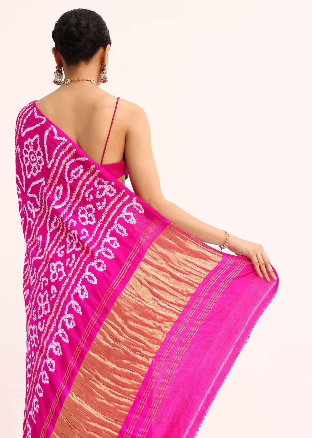 Pink Satin Bandhani Tie Dye Saree With Unstitched Blouse