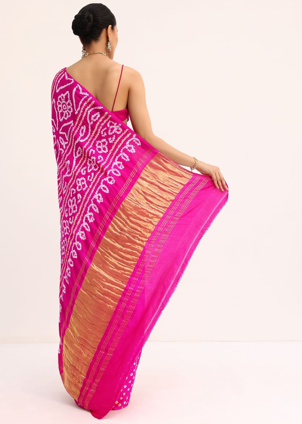 Pink Satin Bandhani Tie Dye Saree With Unstitched Blouse