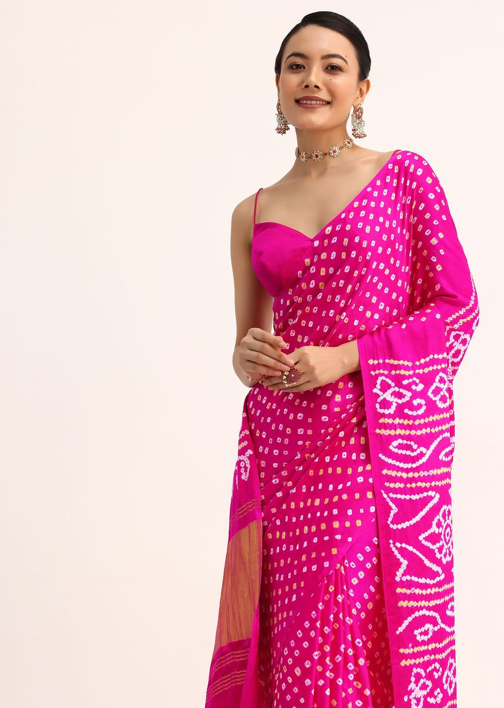 Pink Satin Bandhani Tie Dye Saree With Unstitched Blouse