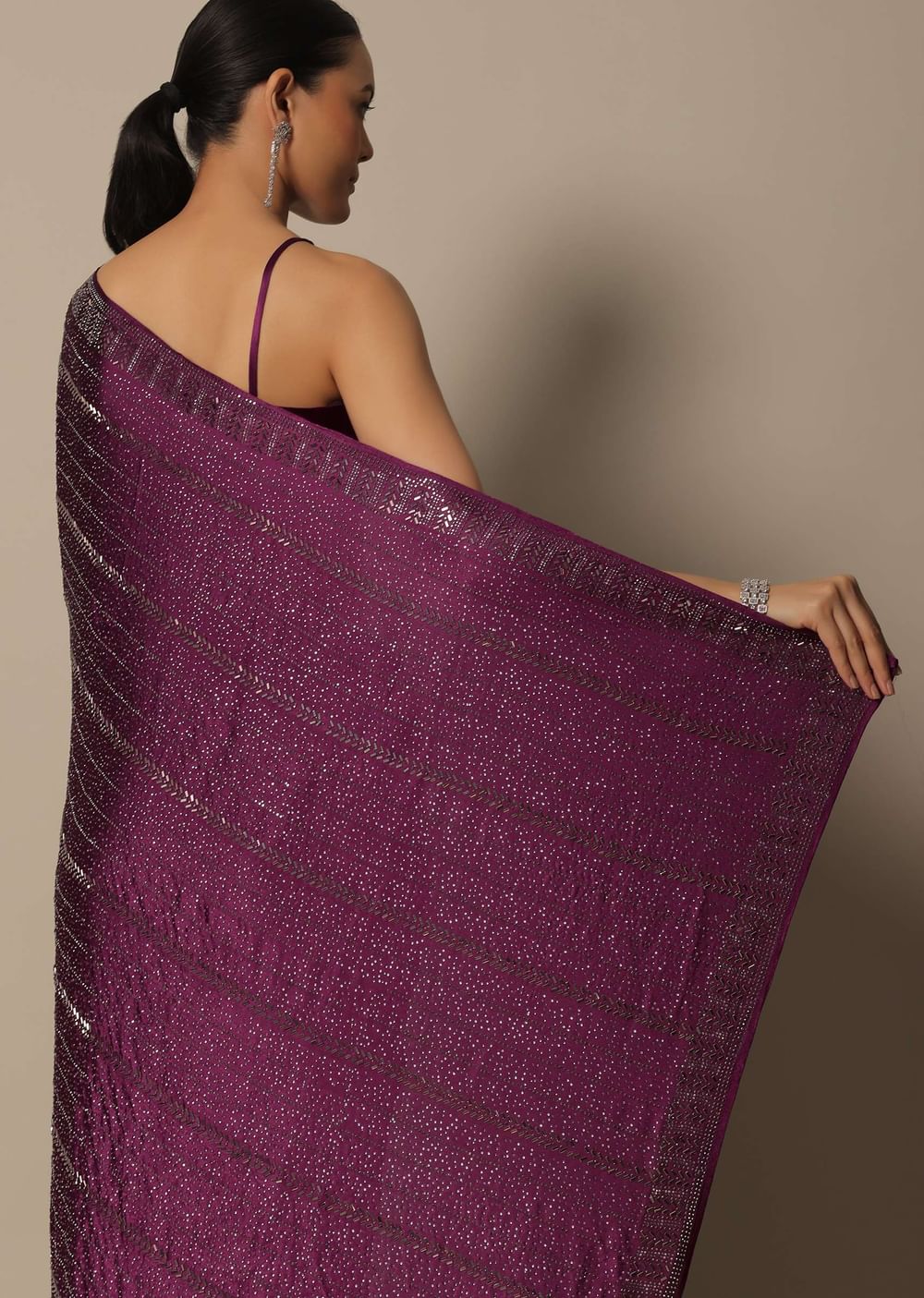 Purple Satin Saree With An Unstitched Blouse Piece