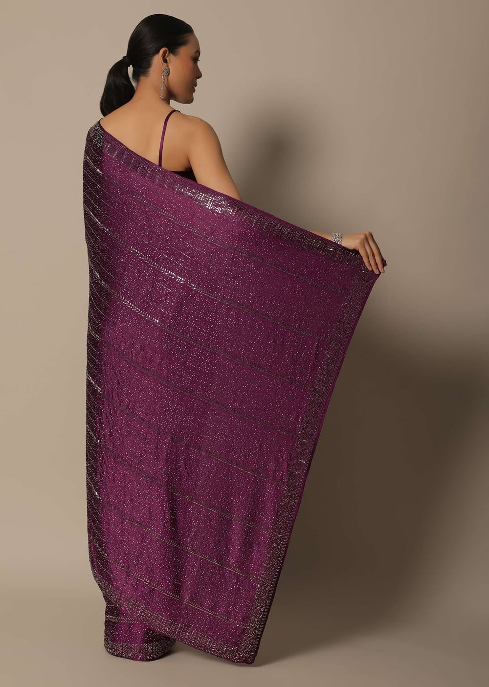 Purple Satin Saree With An Unstitched Blouse Piece