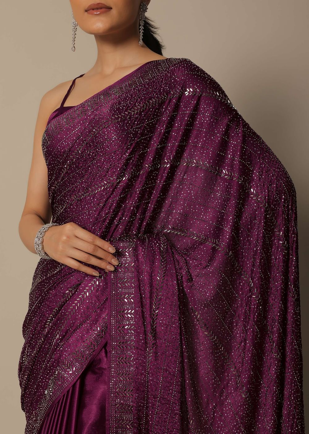Purple Satin Saree With An Unstitched Blouse Piece