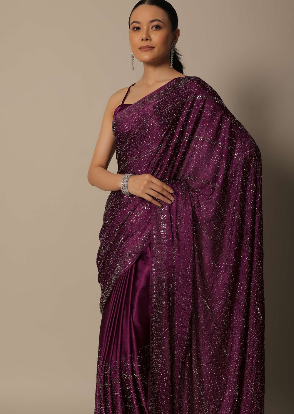 Purple Satin Saree With An Unstitched Blouse Piece