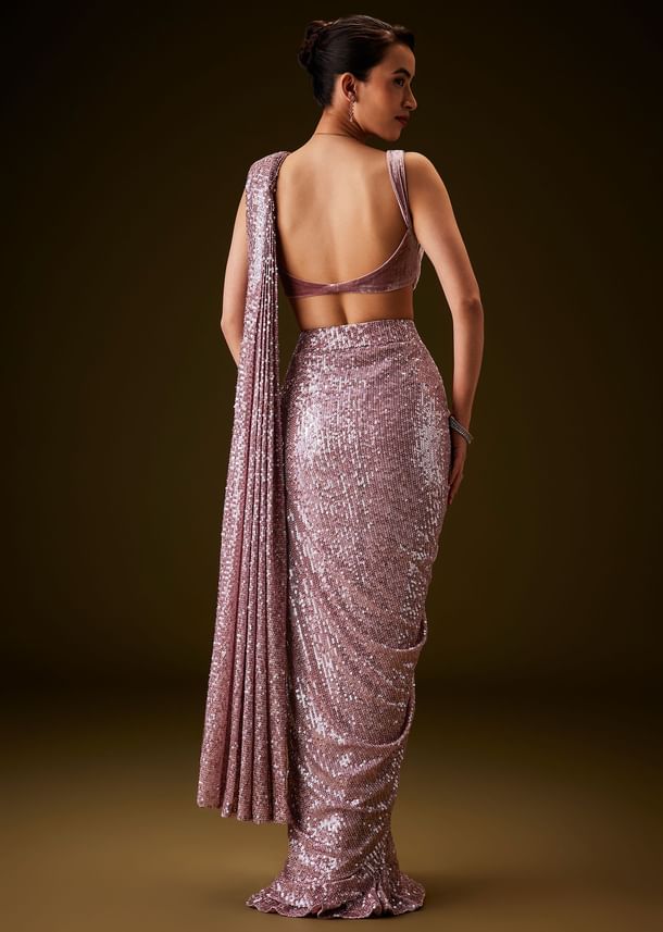 Pink Sequin Velvet Saree With Matching Blouse Pink Sequin Velvet Saree With Matching Blouse