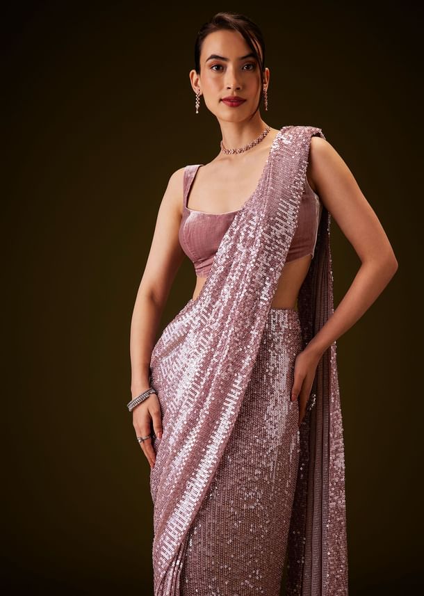 Pink Sequin Velvet Saree With Matching Blouse Pink Sequin Velvet Saree With Matching Blouse