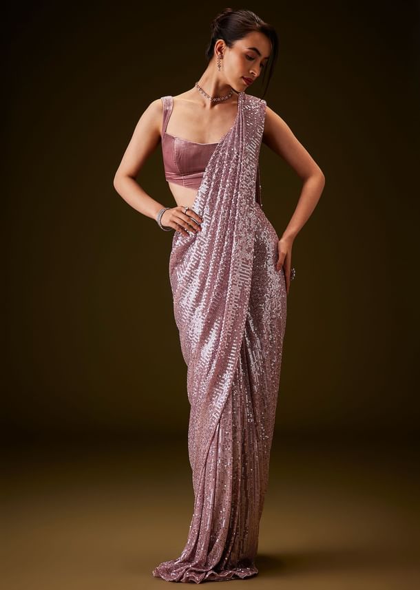 Pink Sequin Velvet Saree With Matching Blouse Pink Sequin Velvet Saree With Matching Blouse