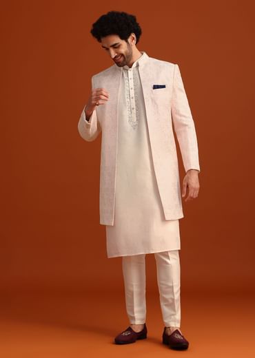 Pink Silk Embroidered Sherwani Set