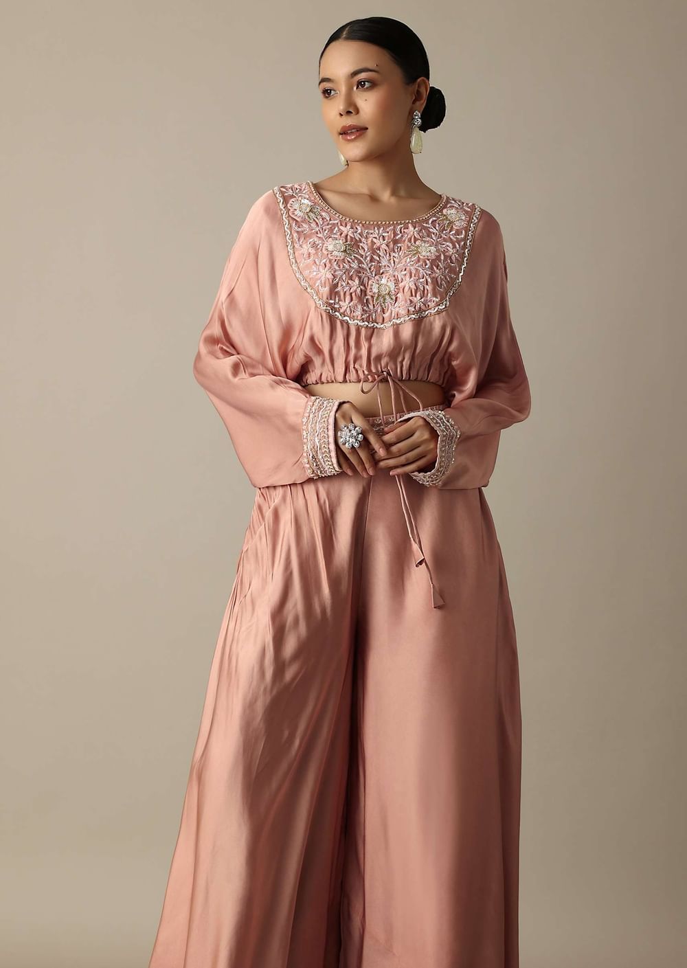 Pink Silk Embroidery Crop Top With Palazzo