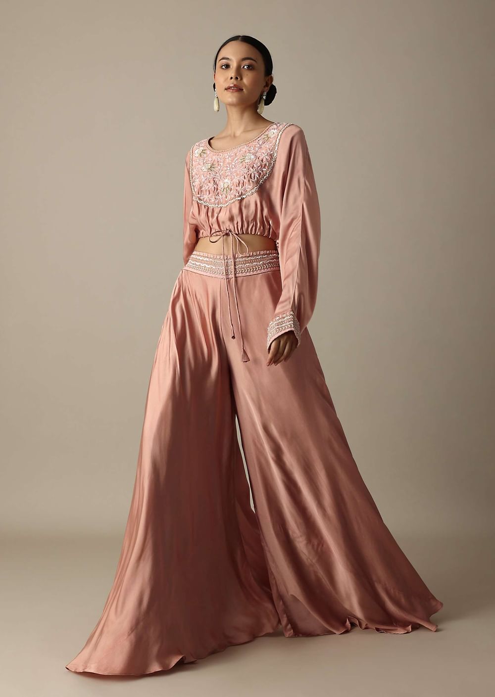 Pink Silk Embroidery Crop Top With Palazzo