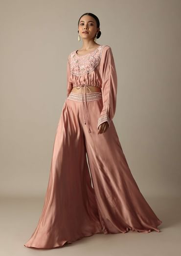 Pink Silk Embroidery Crop Top With Palazzo