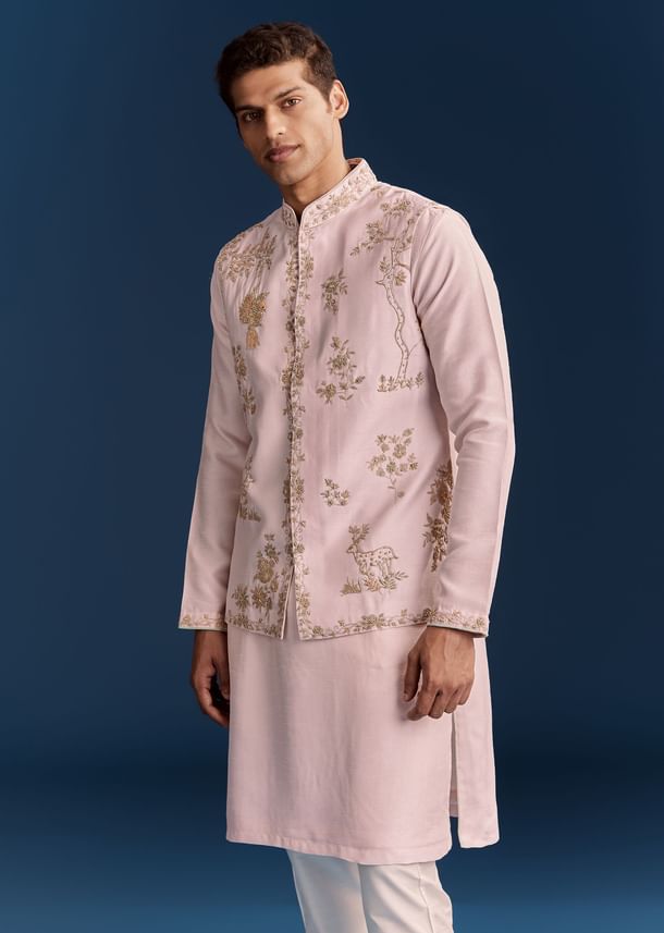 Pink Silk Floral Kurta Jacket Set With Resham And Cutdana Detailing