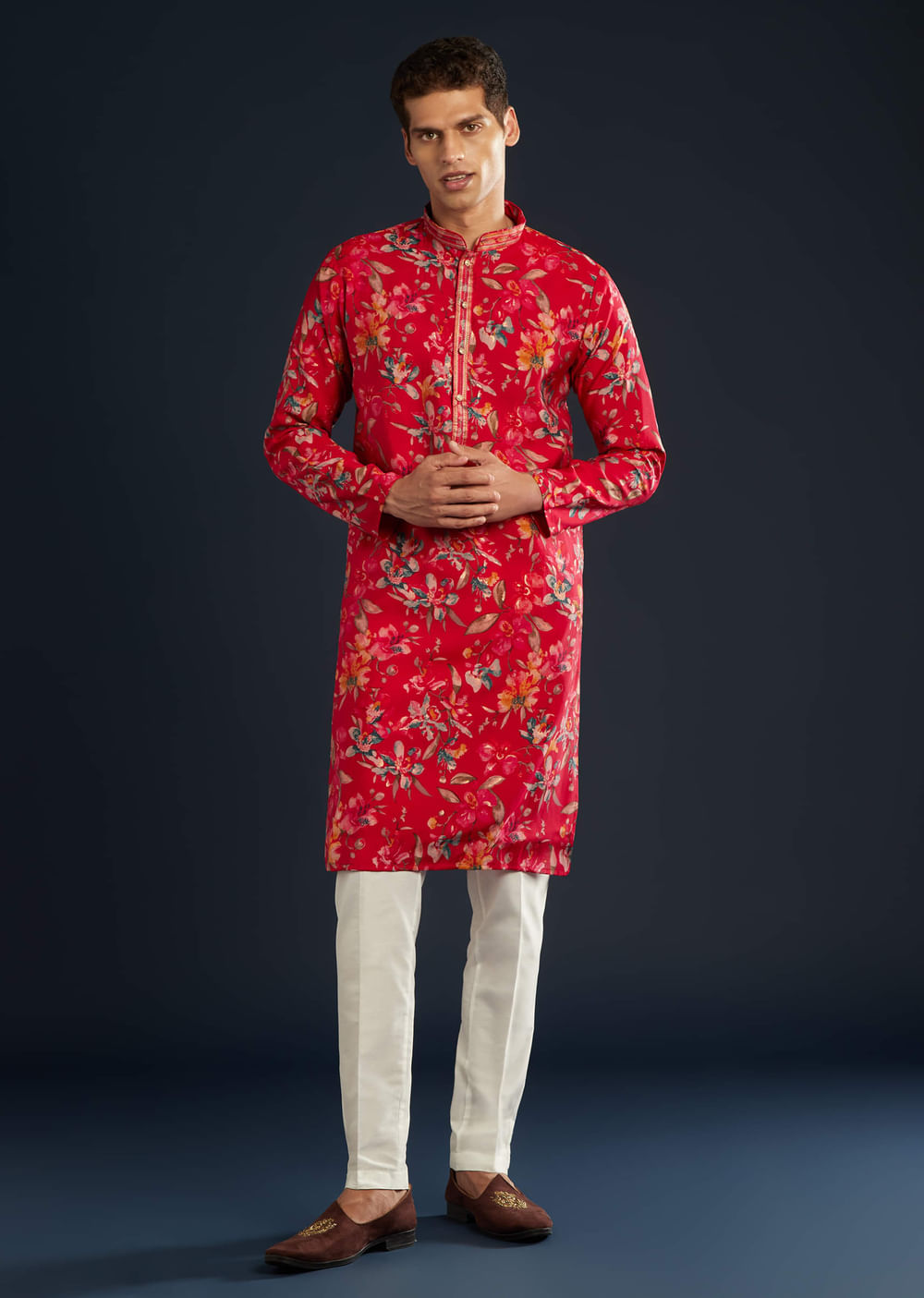 Pink Silk Kurta Set with Floral Motifs