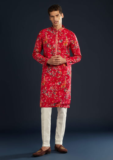 Pink Silk Kurta Set with Floral Motifs