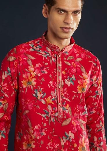 Pink Silk Kurta Set with Floral Motifs