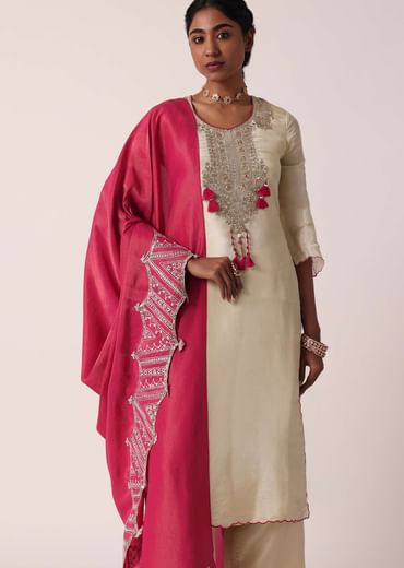 Pink Silk Palazzo Set With Embroidered Kurta
