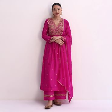 Pink Silk Palazzo Set With Zari Embroidered A-Line Kurta And Dupatta
