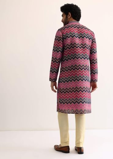 Pink Silk Printed Kurta Set For Men