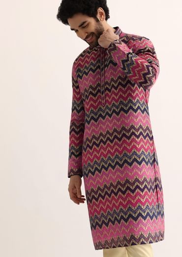 Pink Silk Printed Kurta Set For Men