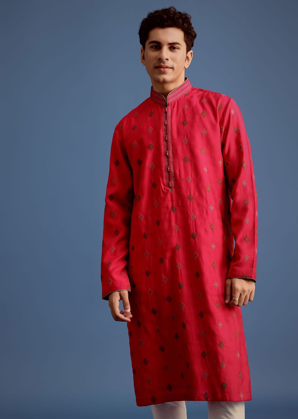 Fuchsia Pink Silk Printed Kurta Set For Men