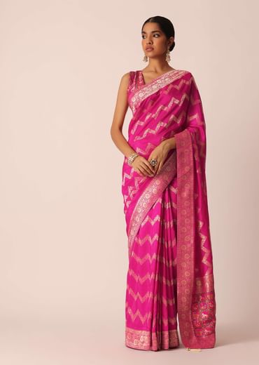 Pink Silk Saree with Zari Zig Zag Detail And Unstitched Blouse Piece