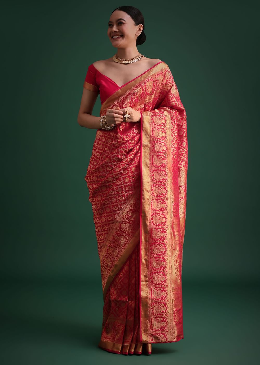 Pink Silk Saree With Zari Woven Jaal Work And Traditional Motif Border