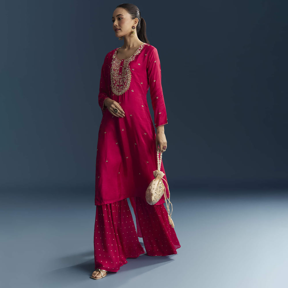 Pink Silk Sharara Suit With Zardosi And Sequins Embroidery