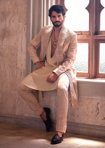 Pink Silk Sherwani For Groom With Resham And Zardosi Detailing
