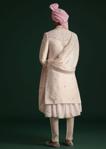 Pink Silk Threadwork Sherwani Set With Anarkali Kurta