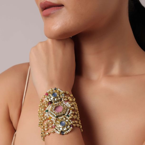 Pink Stone Studded Layered Bracelet With Kundan Pink Stone Studded Layered Bracelet With Kundan