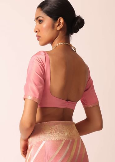 Pink Striped Tissue Silk Saree with Brocade Border Pallu And Unstitched Blouse Piece