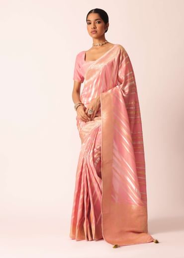 Pink Striped Tissue Silk Saree with Brocade Border Pallu And Unstitched Blouse Piece