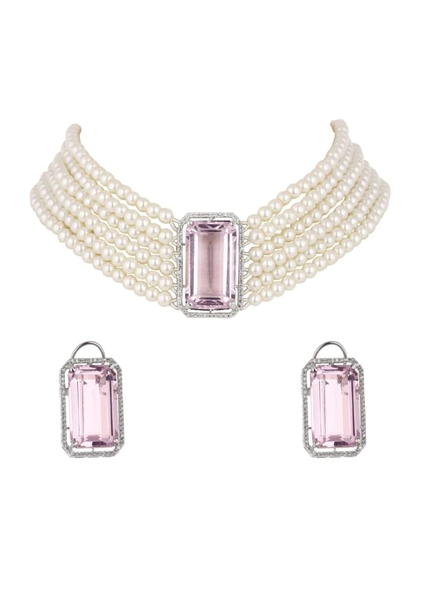 Pink Studded Pearl Choker In Mix Metal Pink Studded Pearl Choker In Mix Metal