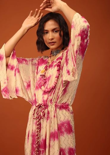 Beige Tie-Dye Kaftan Set With Tie-Up Tassel Doris At The Front And Sides