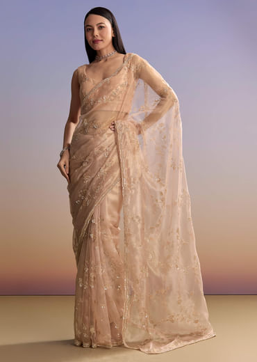Pink Tissue Embroidered Saree With Sequins And Bead Work