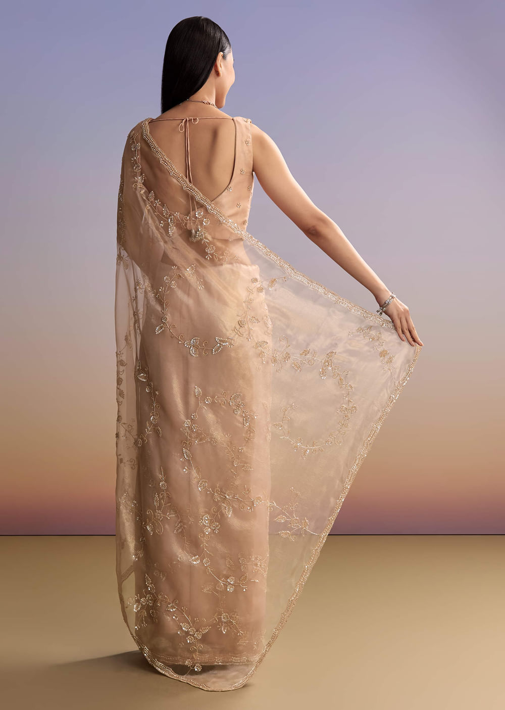 Pink Tissue Embroidered Saree With Sequins And Bead Work