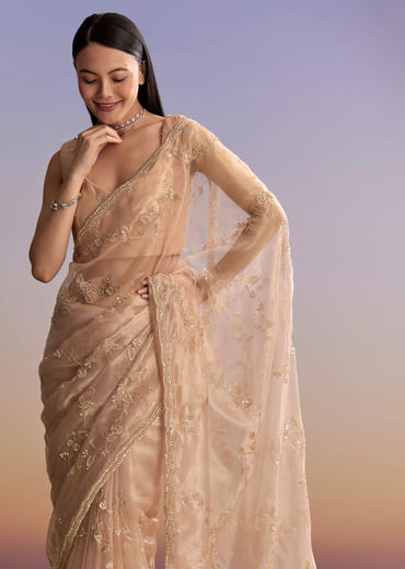 Pink Tissue Embroidered Saree With Sequins And Bead Work