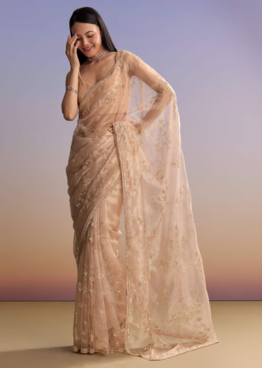 Pink Tissue Embroidered Saree With Sequins And Bead Work